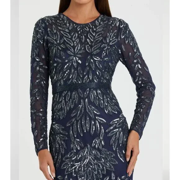 NWT Mac Duggal Illusion Beaded Embellished Long Sleeve Gown 8 Midnight Formal